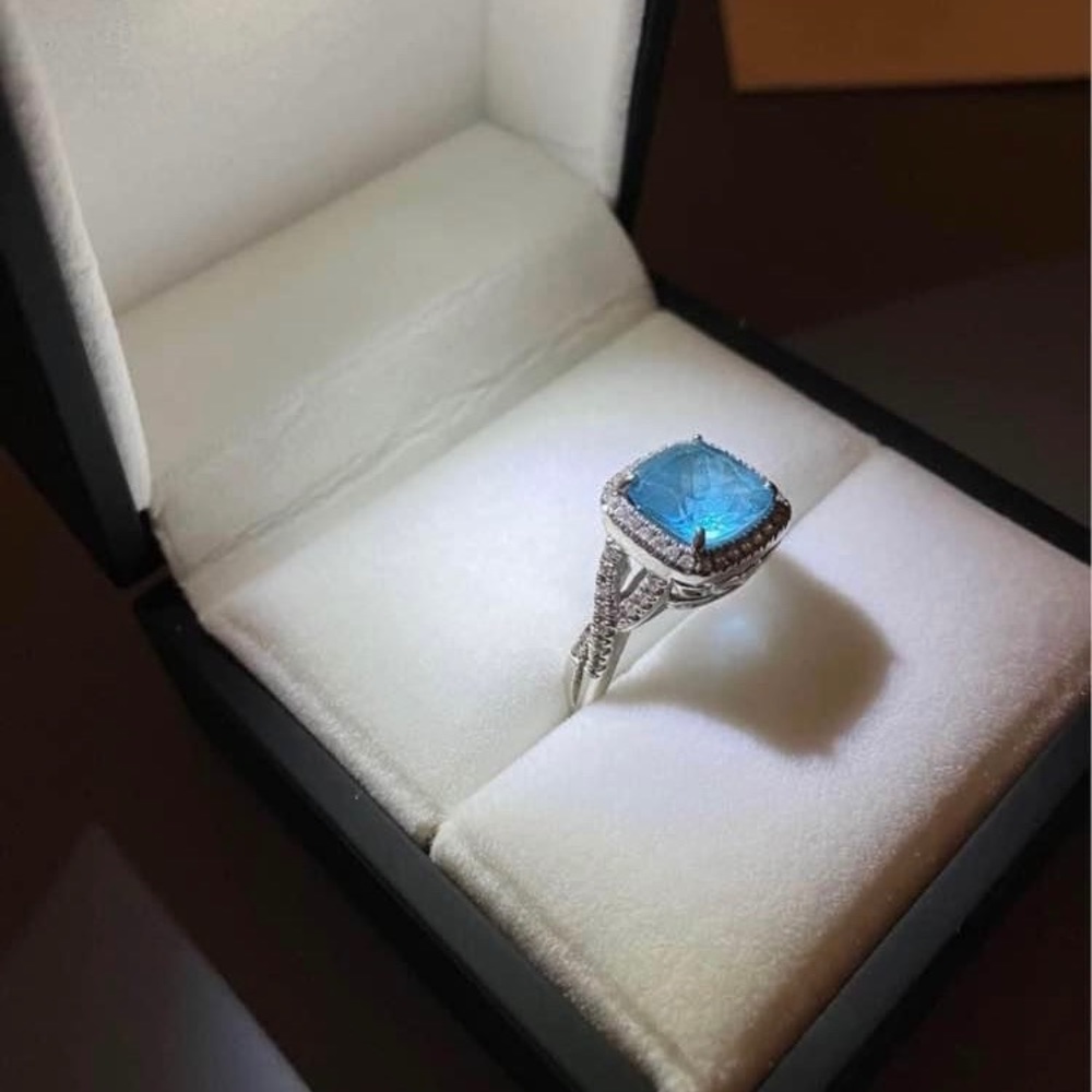 14K white gold cushion cut 9mm blue topaz and diamond halo ring